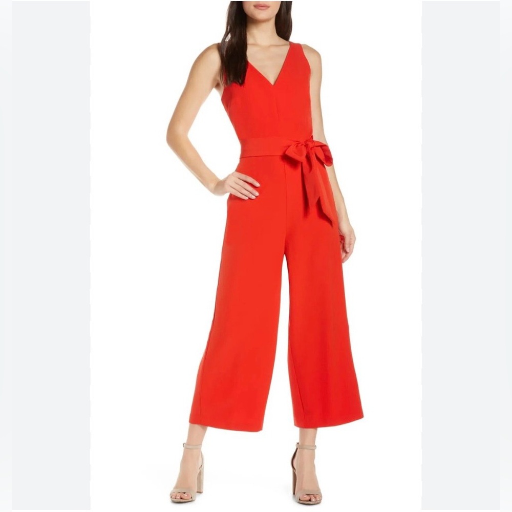 Sam Edelman Coral Orange V-Neck Wide-Leg Jumpsuit with Waist Tie
